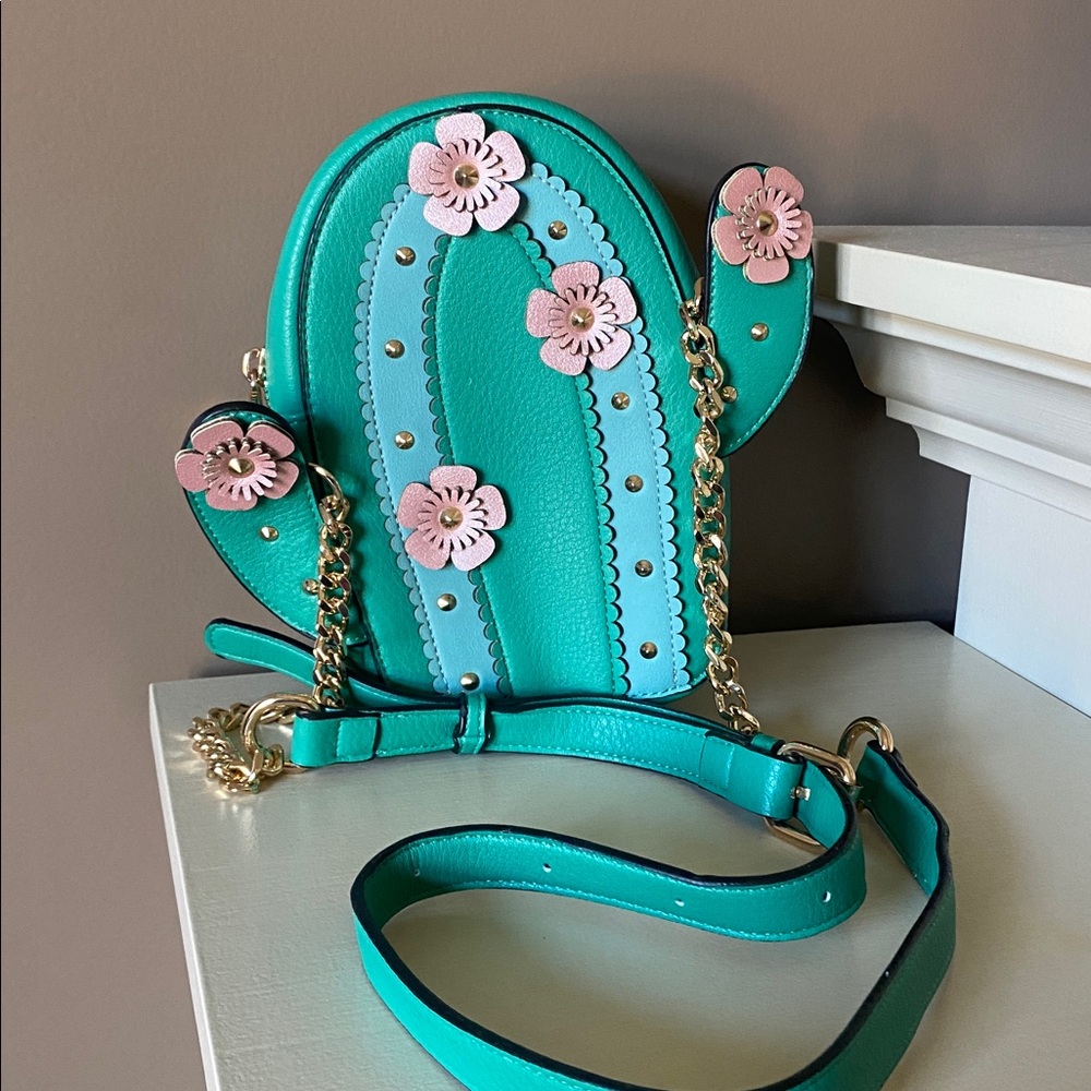 Poppy & Peonies Turquoise Cactus Crossbody Bag with Pink Flower Accents